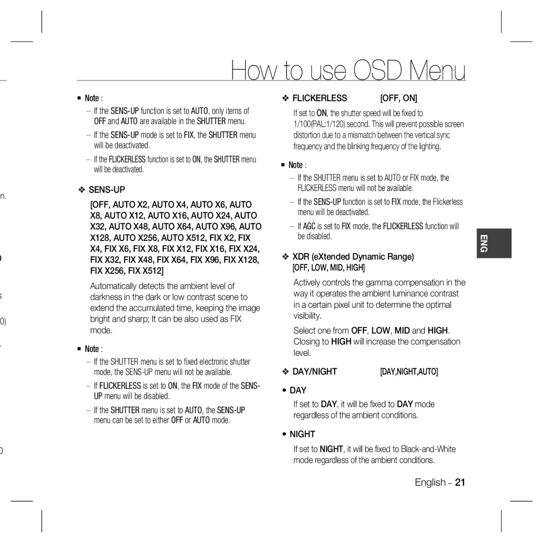 Samsung SCC-B5368S, SCC-B5366S user manual Flickerless, Sens-Up, OFF, Auto X2, Auto X4, Auto X6, Auto, Day 