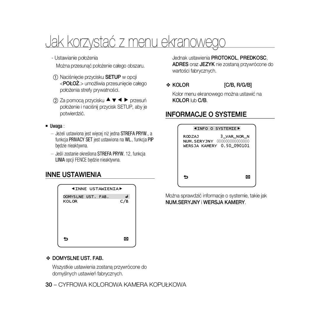 Samsung SCC-B5368BP, SCC-B5368P, SCC-B5366P, SCC-B5366BP Inne Ustawienia, Informacje O Systemie, Domyslne UST. FAB, Kolor 