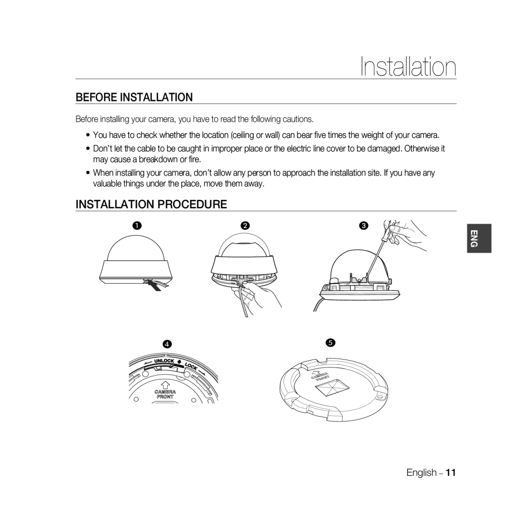 Samsung SCC-B5366BP, SCC-B5368BP, SCC-B5368P, SCC-B5366P manual Before Installation, Installation Procedure 