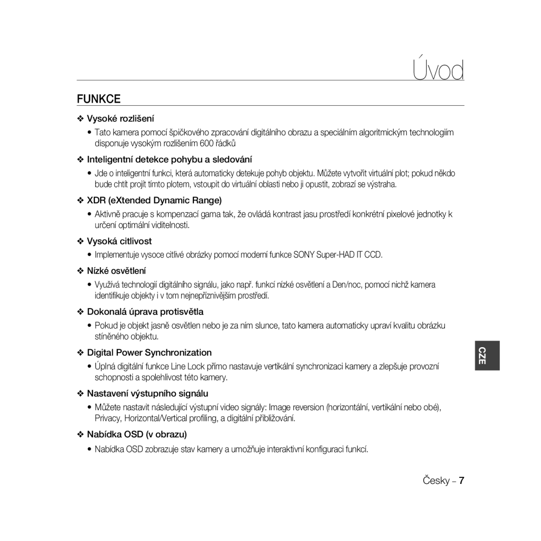 Samsung SCC-B5368P, SCC-B5368BP, SCC-B5366P, SCC-B5366BP manual Úvod, Funkce 