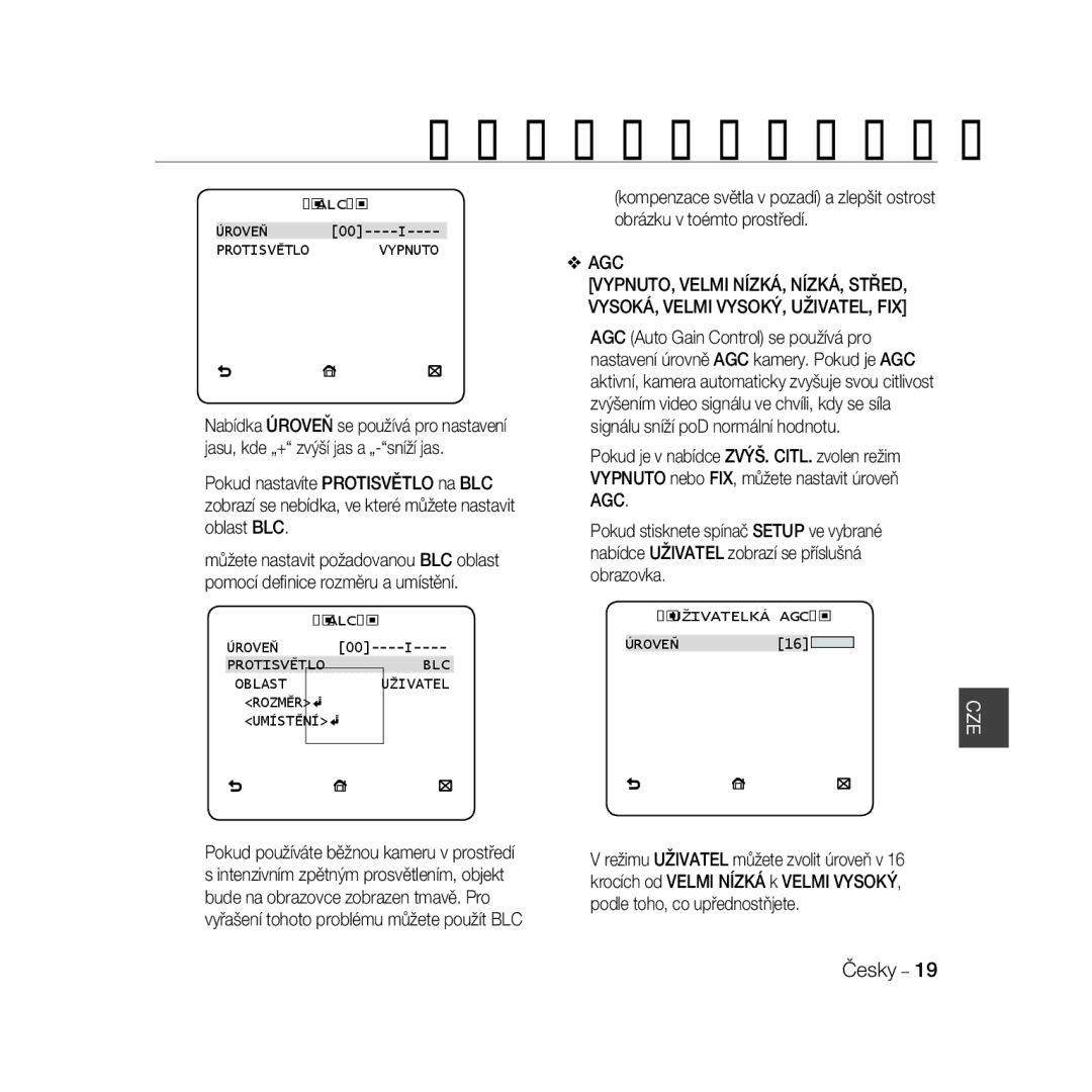 Samsung SCC-B5368P, SCC-B5368BP manual Protisvětlo Vypnuto, Protisvětloblc Oblastuživatel Rozměr Umístění, ‹Uživatelká Agc‹ 