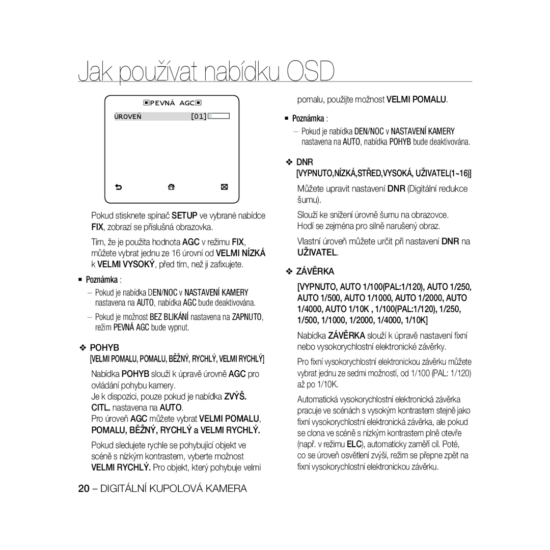 Samsung SCC-B5366P, SCC-B5368BP, SCC-B5368P, SCC-B5366BP manual Pohyb, Dnr, Uživatel Závěrka 