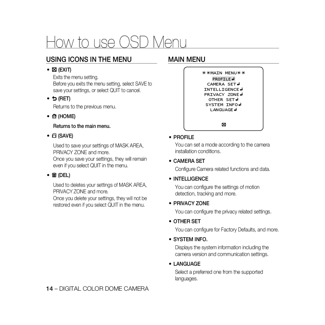 Samsung SCC-B5366P, SCC-B5368BP, SCC-B5368P, SCC-B5366BP manual How to use OSD Menu, Using Icons in the Menu, Main Menu 