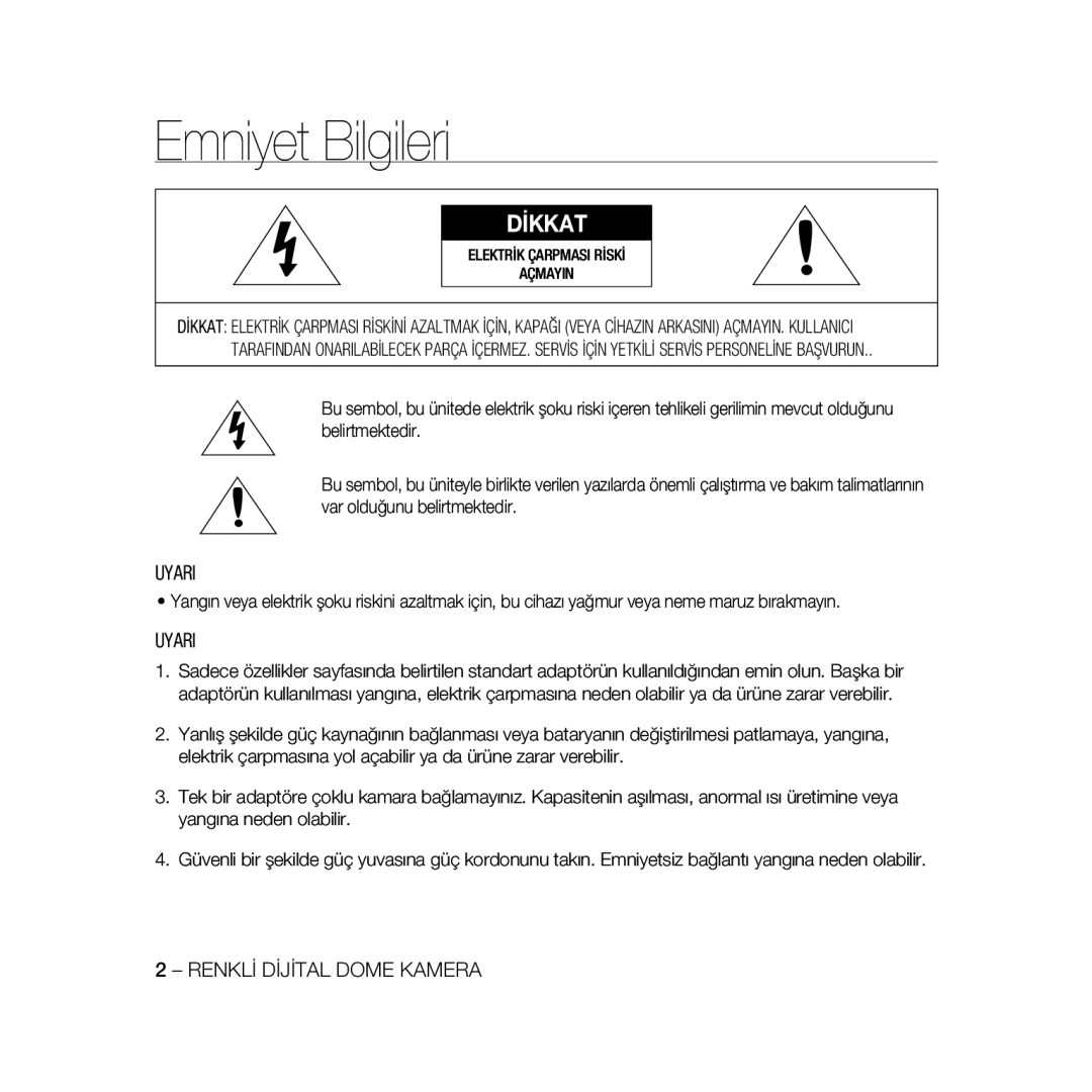 Samsung SCC-B5366BP, SCC-B5368BP, SCC-B5368P, SCC-B5366P manual Emniyet Bilgileri, Dİkkat 