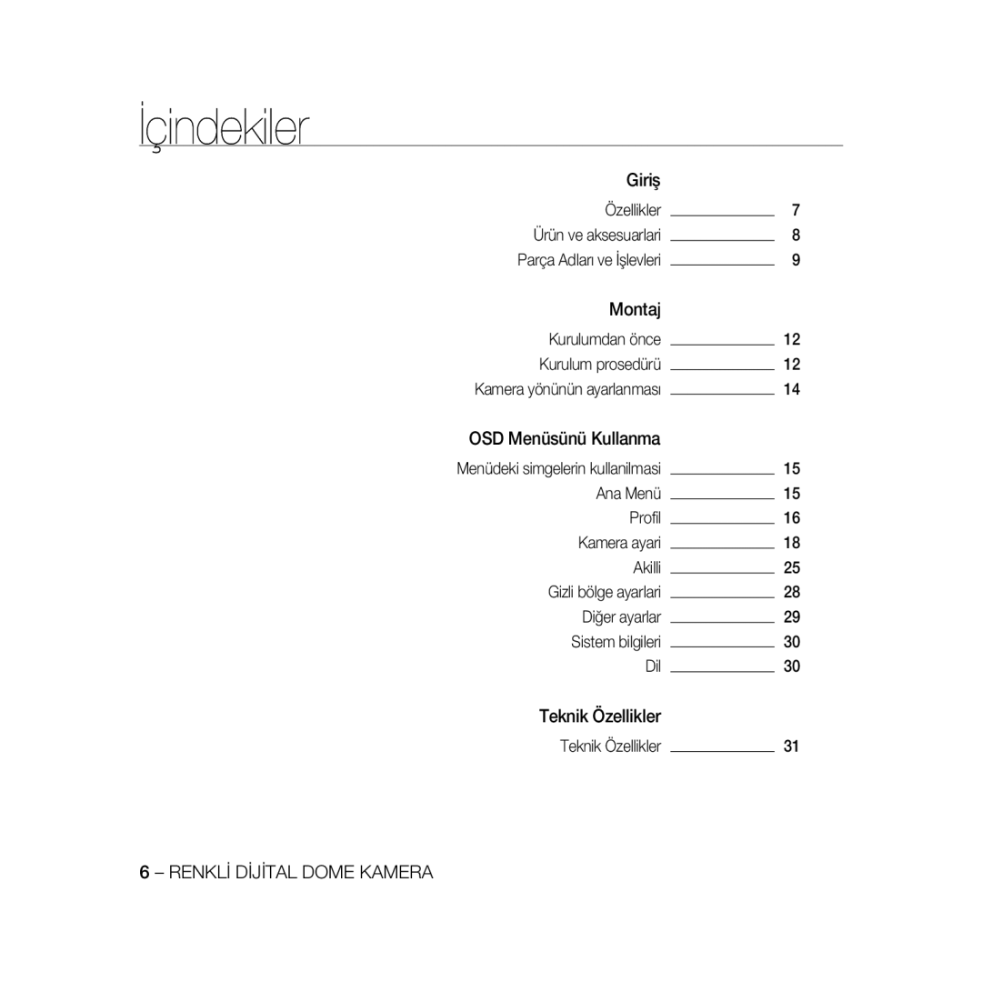 Samsung SCC-B5366BP, SCC-B5368BP, SCC-B5368P, SCC-B5366P manual İçindekiler 