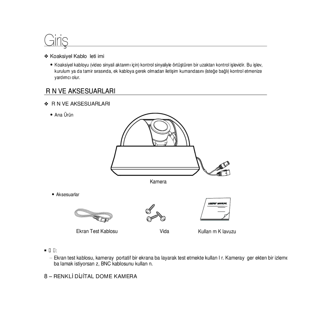 Samsung SCC-B5368P, SCC-B5368BP, SCC-B5366P manual Ürün VE Aksesuarlari, Ana Ürün Kamera Aksesuarlar Ekran Test Kablosu Vida 