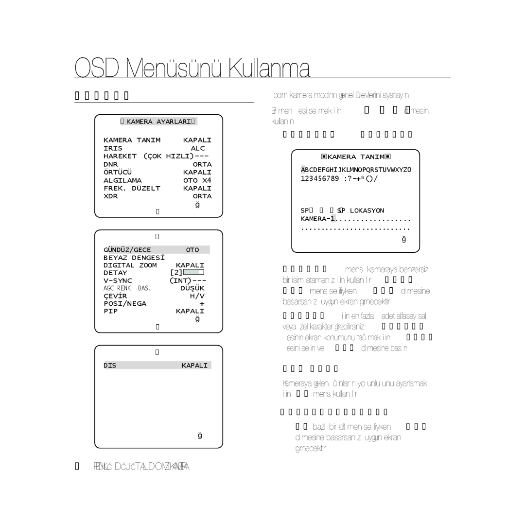 Samsung SCC-B5366BP, SCC-B5368P Kamera Ayari, Kamera Tanim KAPALI, Açik, AGC Renk BAS Düşük Çevİr POSI/NEGA PIP Kapali DIS 