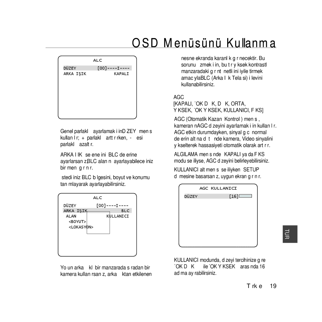 Samsung SCC-B5368BP, SCC-B5368P ‹ALC‹ Düzey Arka Işik Kapali, Düzey Arka Işik BLC Alan, Boyut Lokasyon, ‹Agc Kullanici‹ 