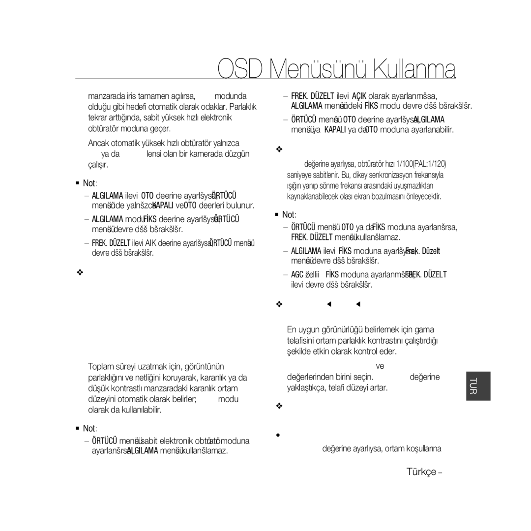 Samsung SCC-B5366P, SCC-B5368BP manual Algilama, FREK. Düzelt KAPALI, Açik, Gündüz değerine ayarlıysa, ortam koşullarına 