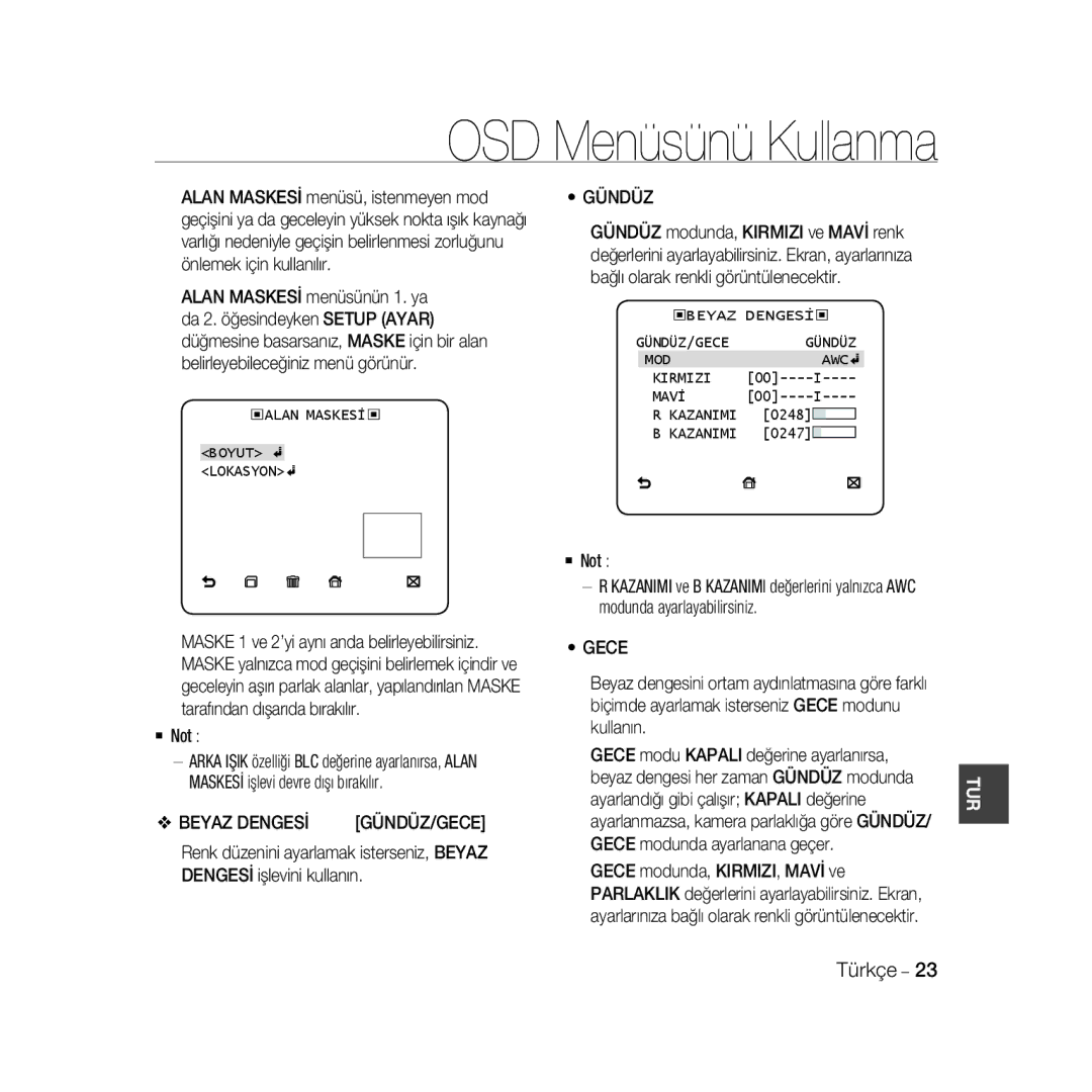 Samsung SCC-B5368BP, SCC-B5368P, SCC-B5366P, SCC-B5366BP manual Beyaz Dengesİ, ‹ALAN MASKESİ‹ Boyut Lokasyon 