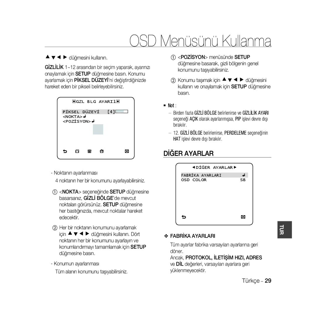 Samsung SCC-B5366P, SCC-B5368BP, SCC-B5368P manual Dİğer Ayarlar, Cdef düğmesini kullanın, Fabrİka Ayarlari OSD Color 