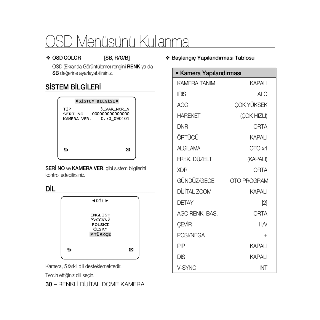 Samsung SCC-B5366BP, SCC-B5368BP, SCC-B5368P, SCC-B5366P manual Sİstem Bİlgİlerİ, Dil, Sb, R/G/B, ÇOK Yüksek 