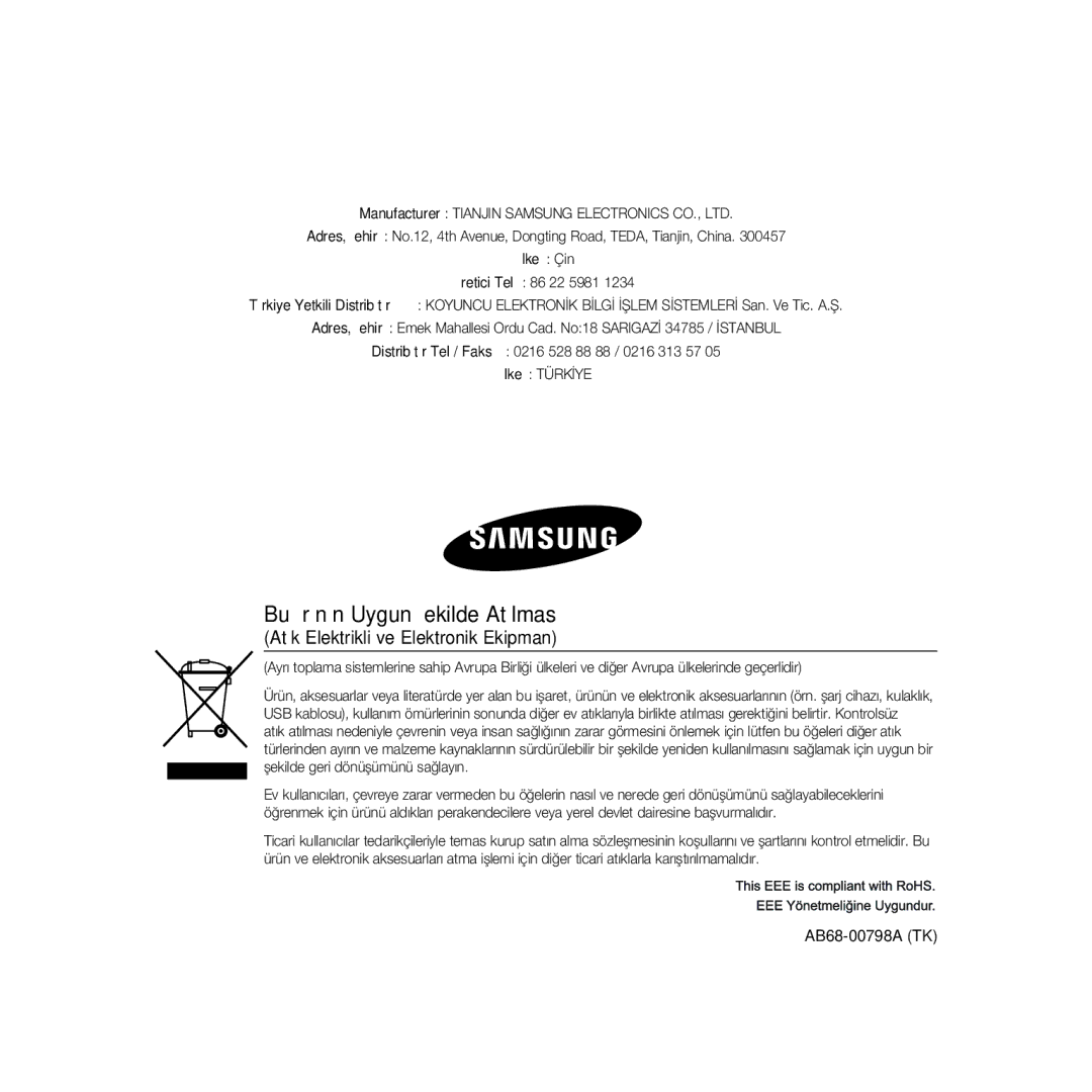 Samsung SCC-B5368BP, SCC-B5368P, SCC-B5366P manual Bu Ürünün Uygun Şekilde Atılması, Atık Elektrikli ve Elektronik Ekipman 