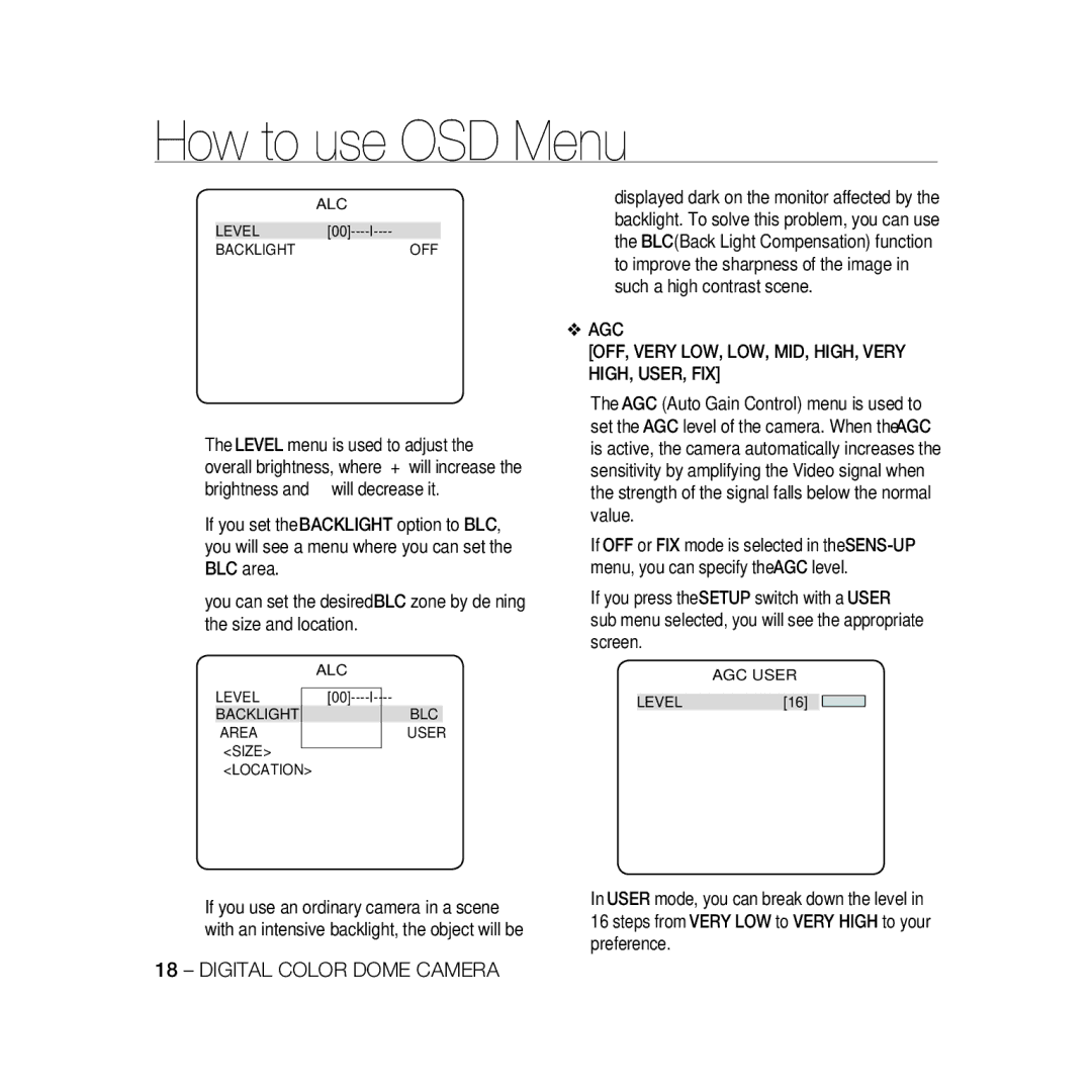 Samsung SCC-B5366P AGC OFF, Very LOW, LOW, MID, HIGH, Very HIGH, USER, FIX, Level Backlight OFF, Level Backlight BLC Area 