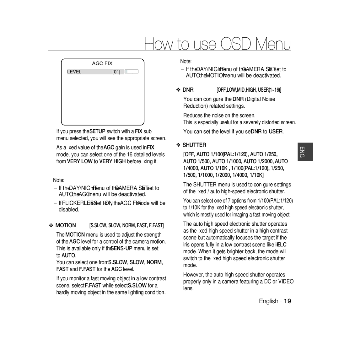 Samsung SCC-B5366BP, SCC-B5368BP, SCC-B5368P Dnr, You can set the level if you set DNR to User, Shutter, Motion, ‹Agc Fix‹ 