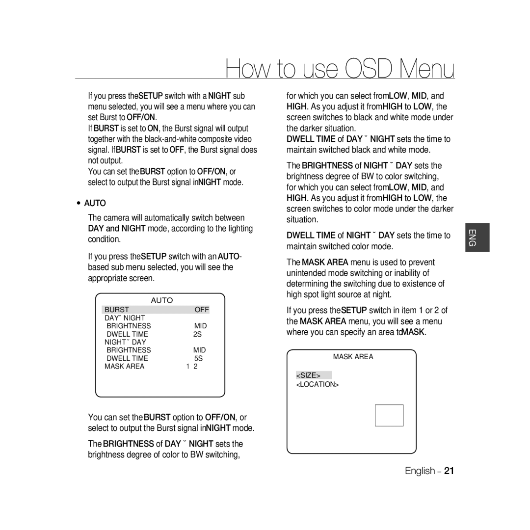 Samsung SCC-B5368P, SCC-B5368BP manual Auto, Burst OFF DAY Ænight Brightness MID Dwell Time Night Æday, Dwell Time Mask Area 