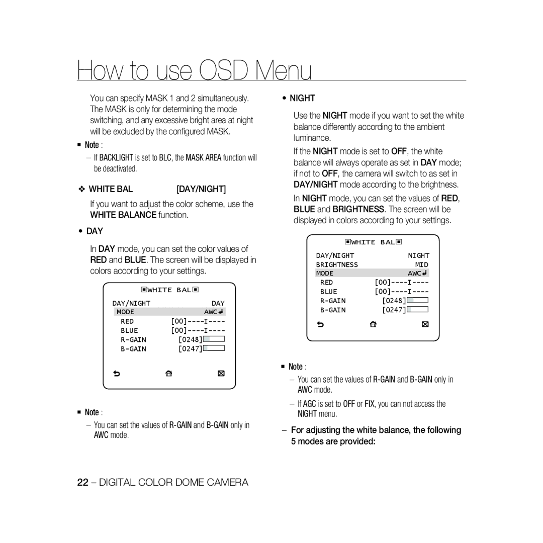 Samsung SCC-B5366P, SCC-B5368BP manual White BAL, ‹WHITE BAL ‹ DAY/NIGHT Mode AWC RED Blue Gain, ‹White Bal ‹ Day/Night 