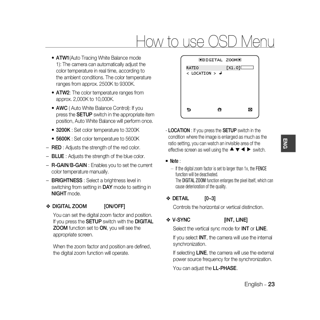 Samsung SCC-B5366BP, SCC-B5368BP, SCC-B5368P, SCC-B5366P Digital Zoom, You can adjust the LL-PHASE, ‹DIGITAL ZOOM‹ Ratio 