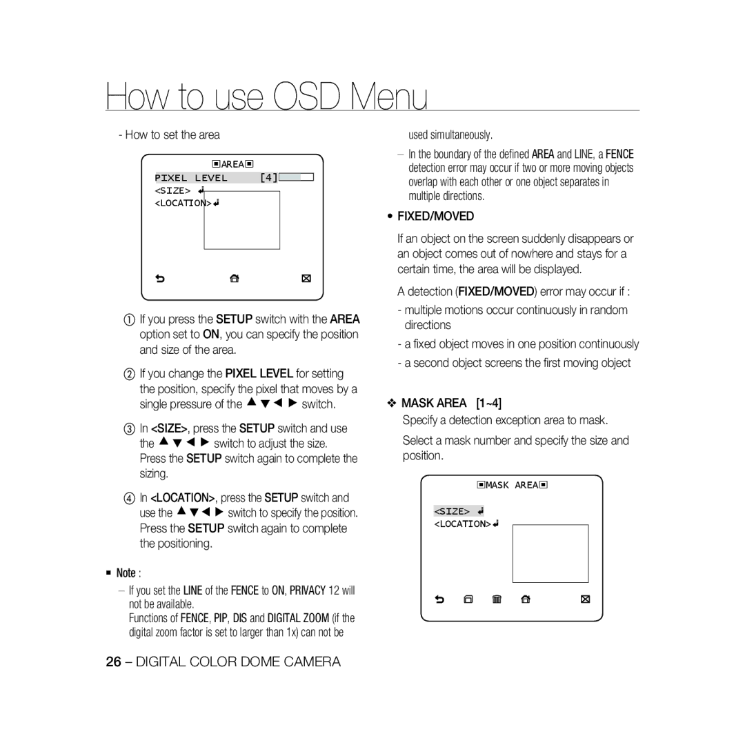 Samsung SCC-B5366P, SCC-B5368BP, SCC-B5368P, SCC-B5366BP How to set the area, Used simultaneously, Fixed/Moved, Pixel Level 