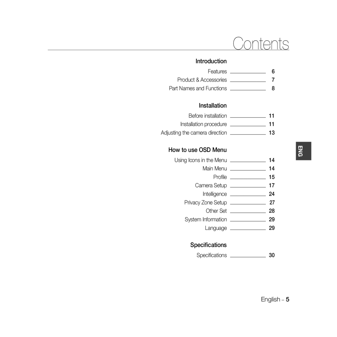 Samsung SCC-B5368P, SCC-B5368BP, SCC-B5366P, SCC-B5366BP manual Contents 