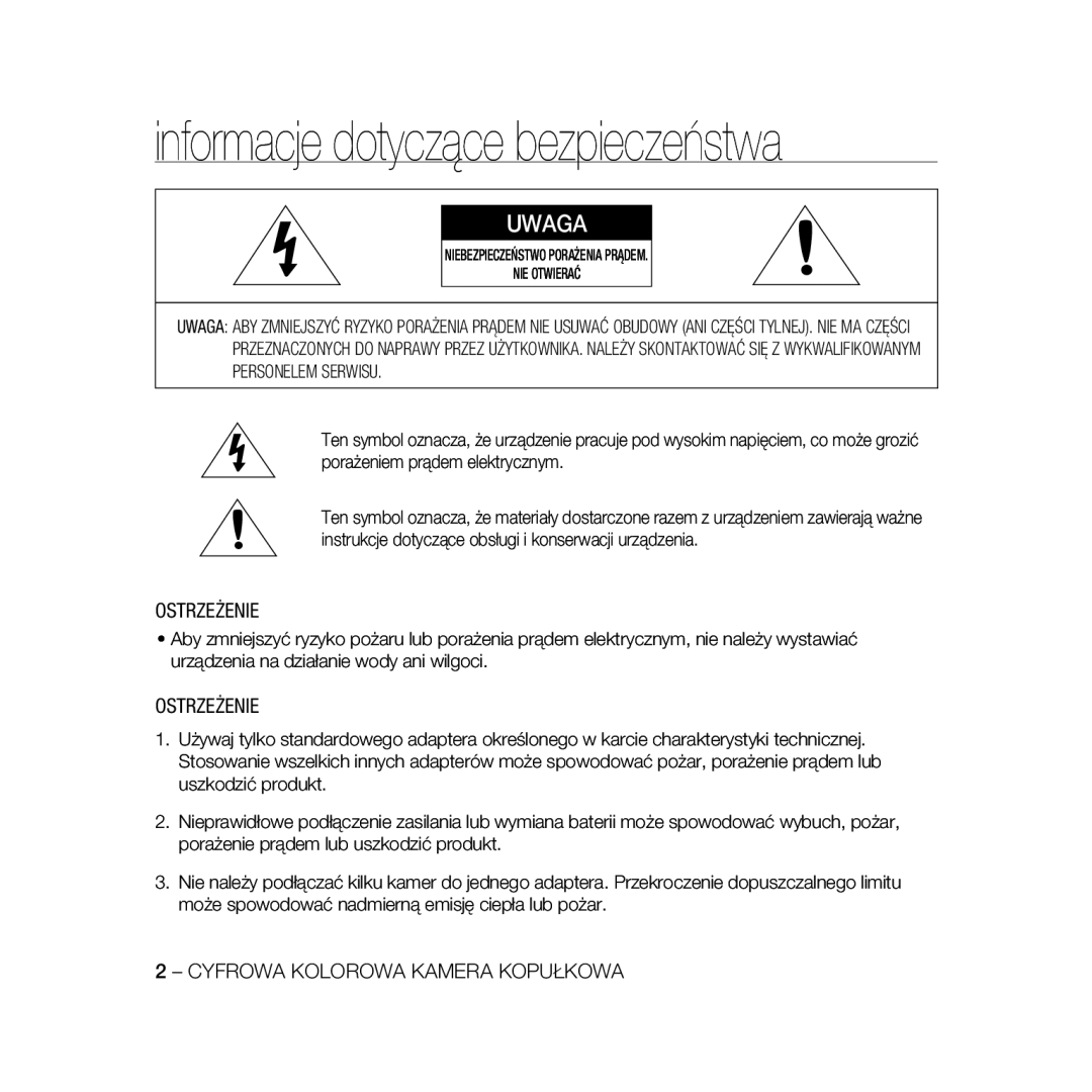 Samsung SCC-B5368BP, SCC-B5368P, SCC-B5366P, SCC-B5366BP manual Informacje dotyczące bezpieczeństwa 