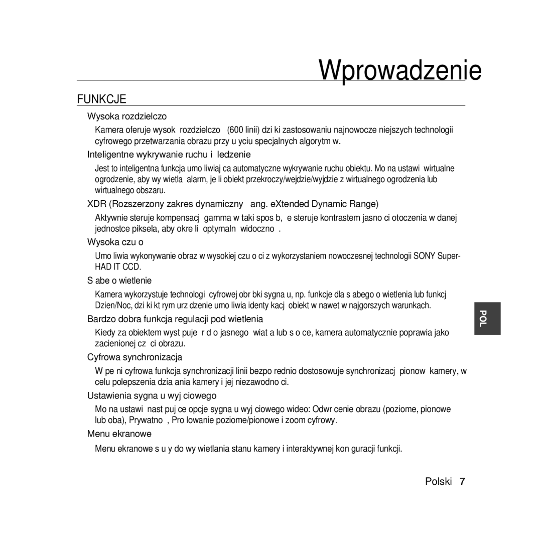 Samsung SCC-B5368P, SCC-B5368BP, SCC-B5366P, SCC-B5366BP manual Wprowadzenie, Funkcje, Had IT CCD, Słabe oświetlenie 