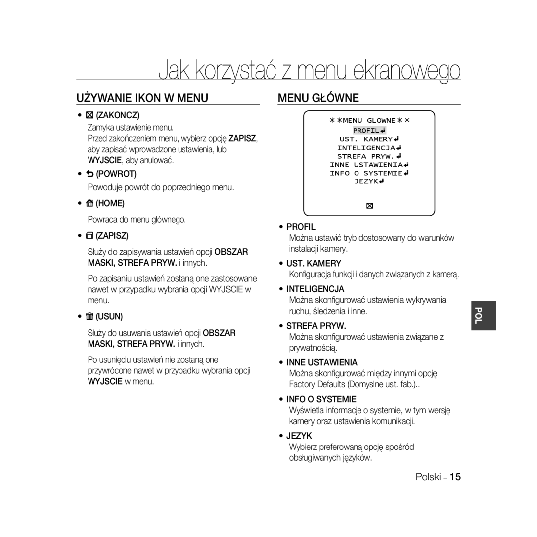 Samsung SCC-B5368P, SCC-B5368BP, SCC-B5366P, SCC-B5366BP manual Używanie Ikon W Menu, Menu Główne 