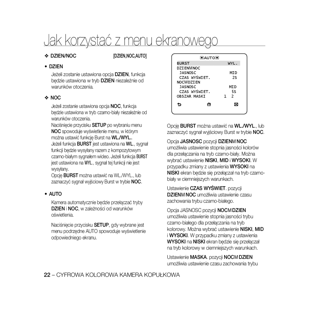 Samsung SCC-B5368BP manual Burst WYL Dzien Ænoc Jasnosc, Czas Wyświet NOC Ædzien Jasnosc, Czas Wyświet Obszar Maski 