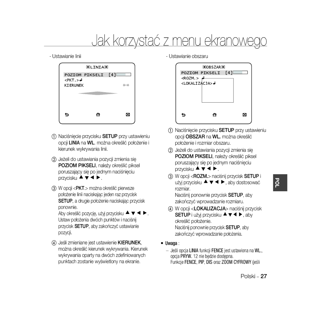 Samsung SCC-B5368P, SCC-B5368BP Ustawianie linii, Ustawianie obszaru, Poruszający się po jednym naciśnięciu przycisku cdef 