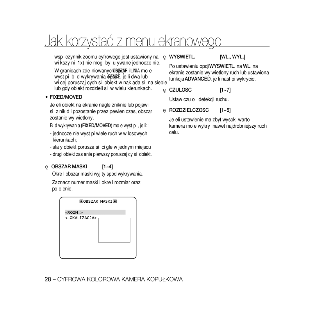 Samsung SCC-B5366P, SCC-B5368BP Jednocześnie wystąpi wiele ruchów w losowych kierunkach, Obszar Maski, Wyswietl, Wl., Wyl 