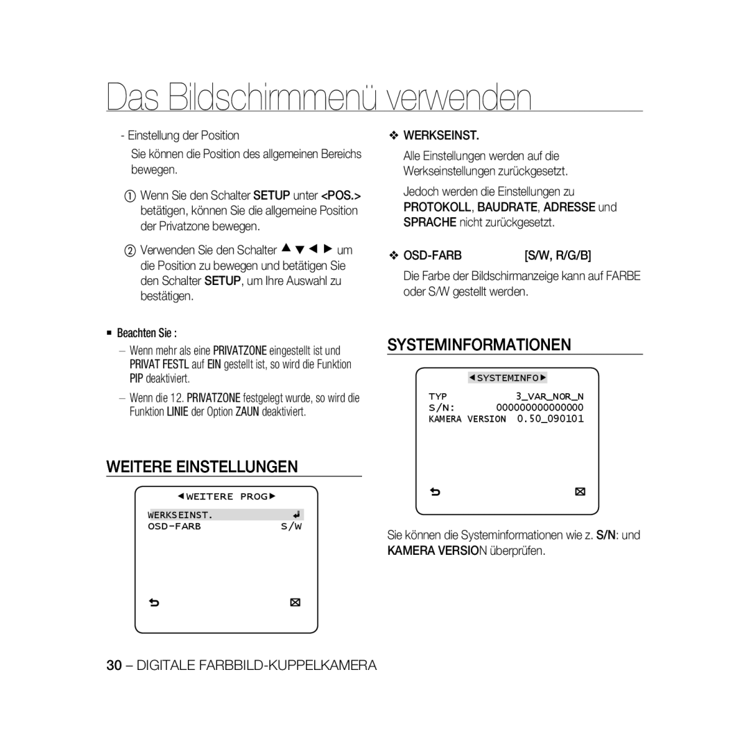 Samsung SCC-B5368BP, SCC-B5368P, SCC-B5366P, SCC-B5366BP Systeminformationen, Weitere Einstellungen, Werkseinst, Osd-Farb 