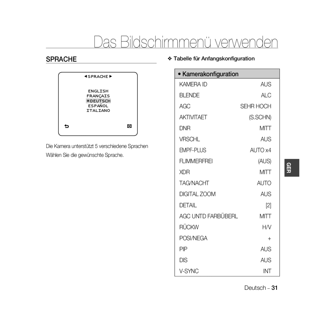 Samsung SCC-B5368P, SCC-B5368BP, SCC-B5366P, SCC-B5366BP manual Sprache, Tabelle für Anfangskonﬁguration, AGC Untd Farbüberl 