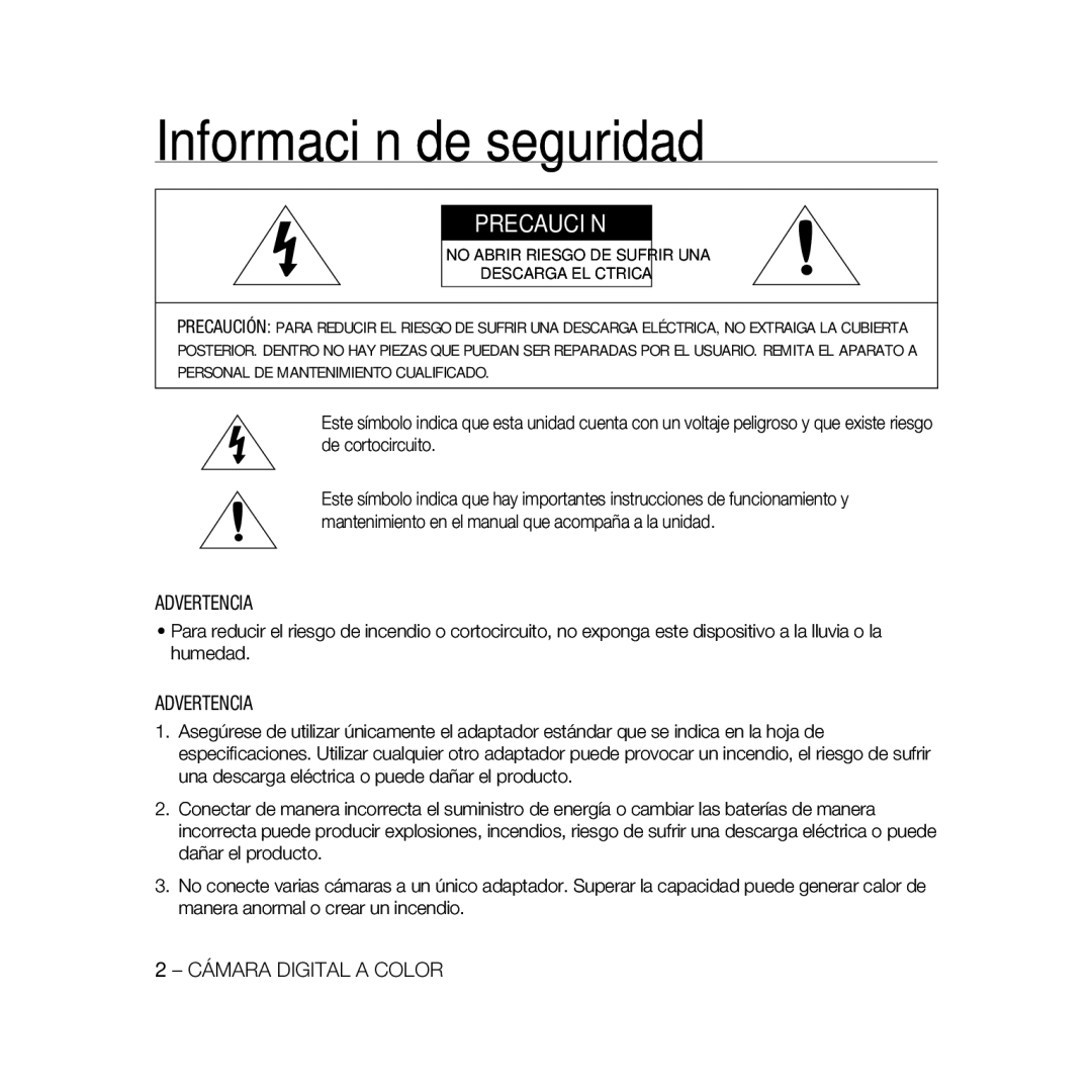 Samsung SCC-B5368BP, SCC-B5368P, SCC-B5366P, SCC-B5366BP manual Información de seguridad, Precaución 