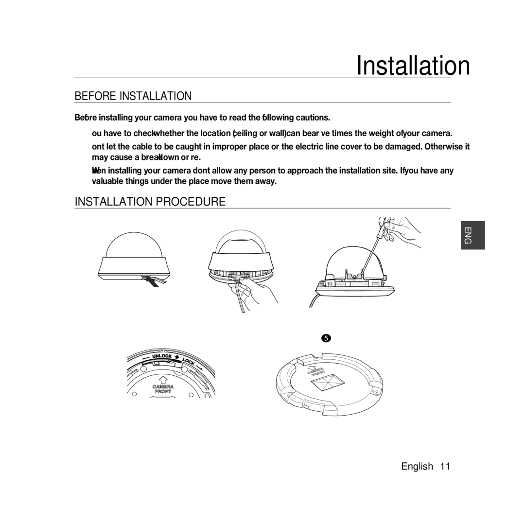 Samsung SCC-B5366BP, SCC-B5368BP, SCC-B5368P, SCC-B5366P manual Before Installation, Installation Procedure 