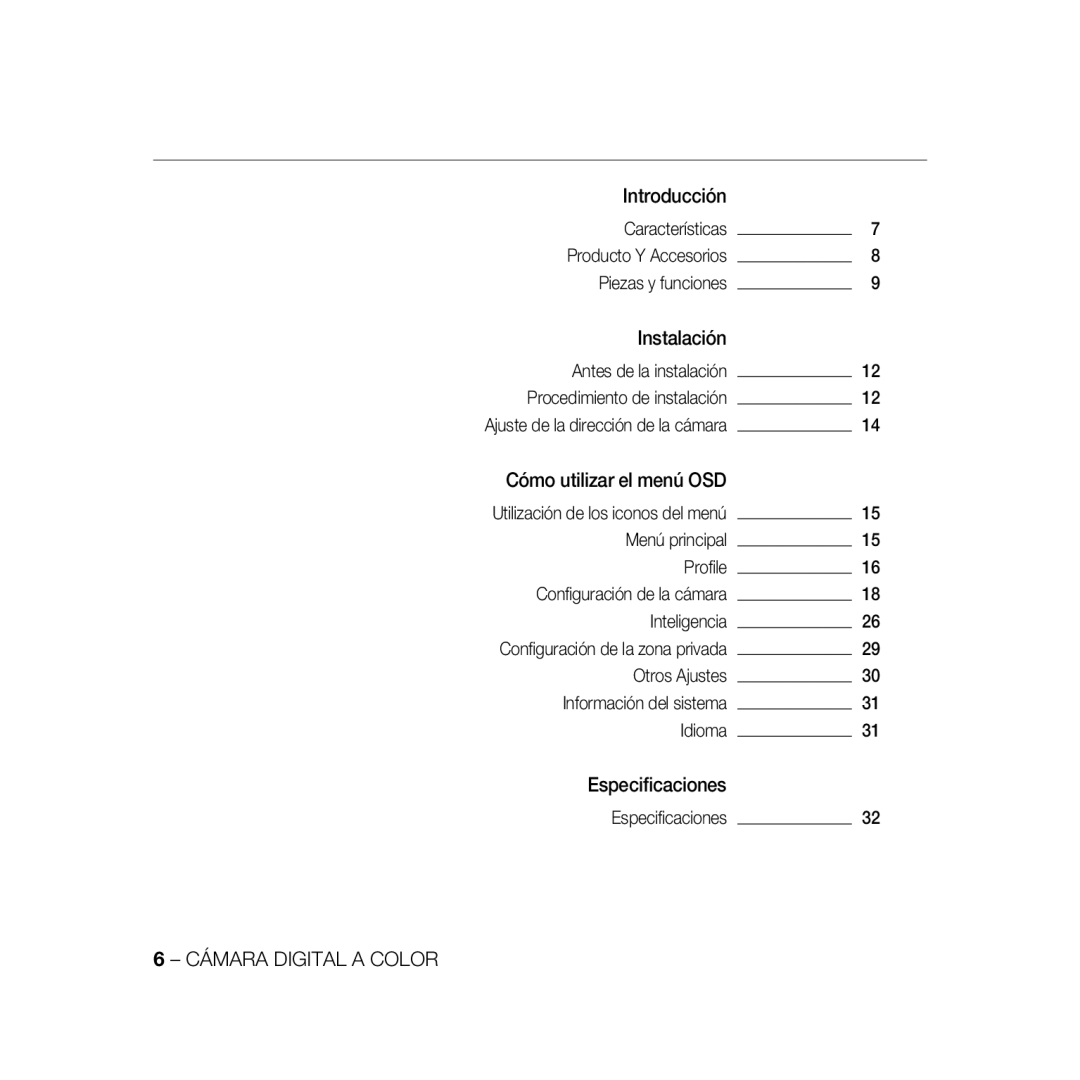 Samsung SCC-B5368BP, SCC-B5368P, SCC-B5366P, SCC-B5366BP manual Índice general 