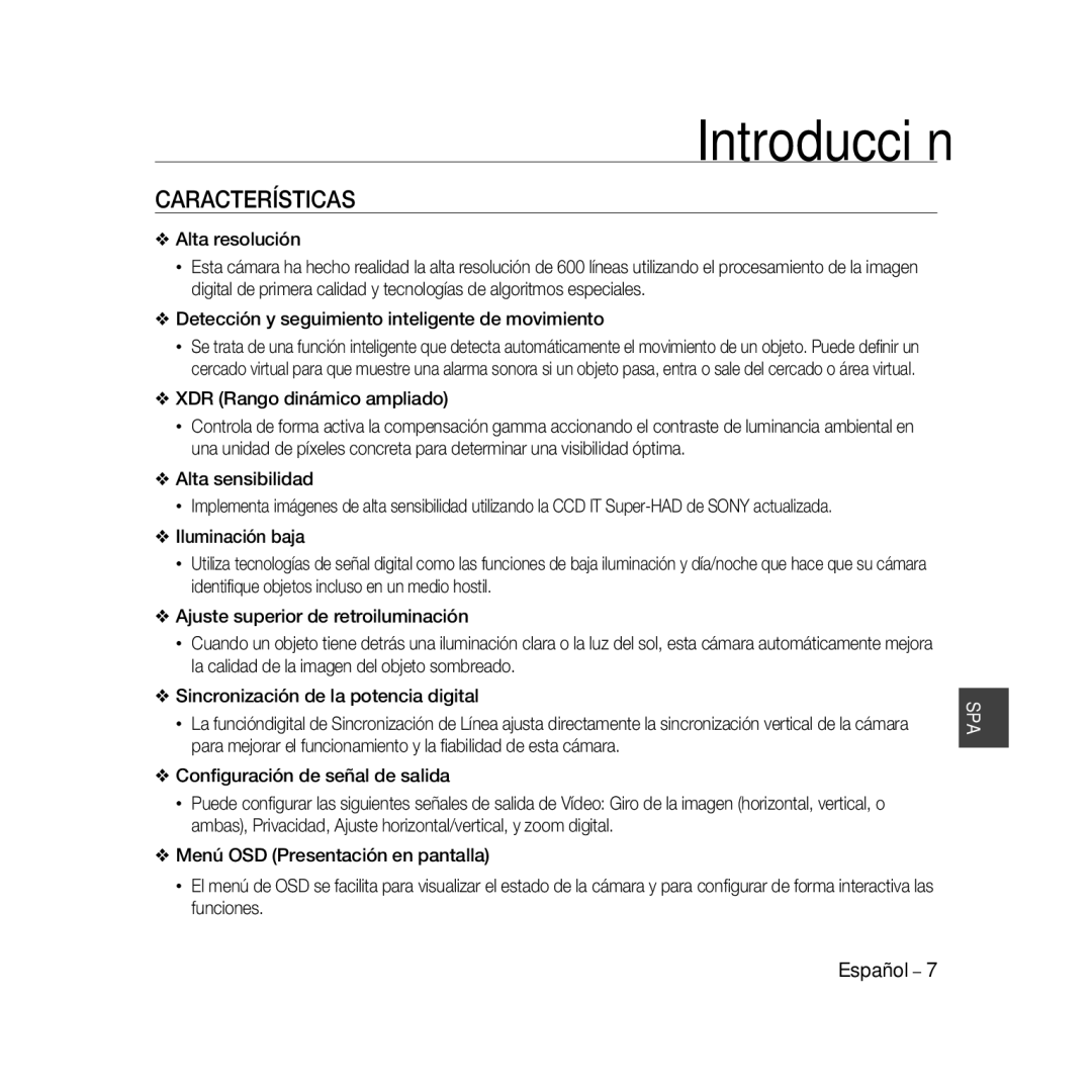 Samsung SCC-B5368P, SCC-B5368BP, SCC-B5366P, SCC-B5366BP manual Introducción, Características 