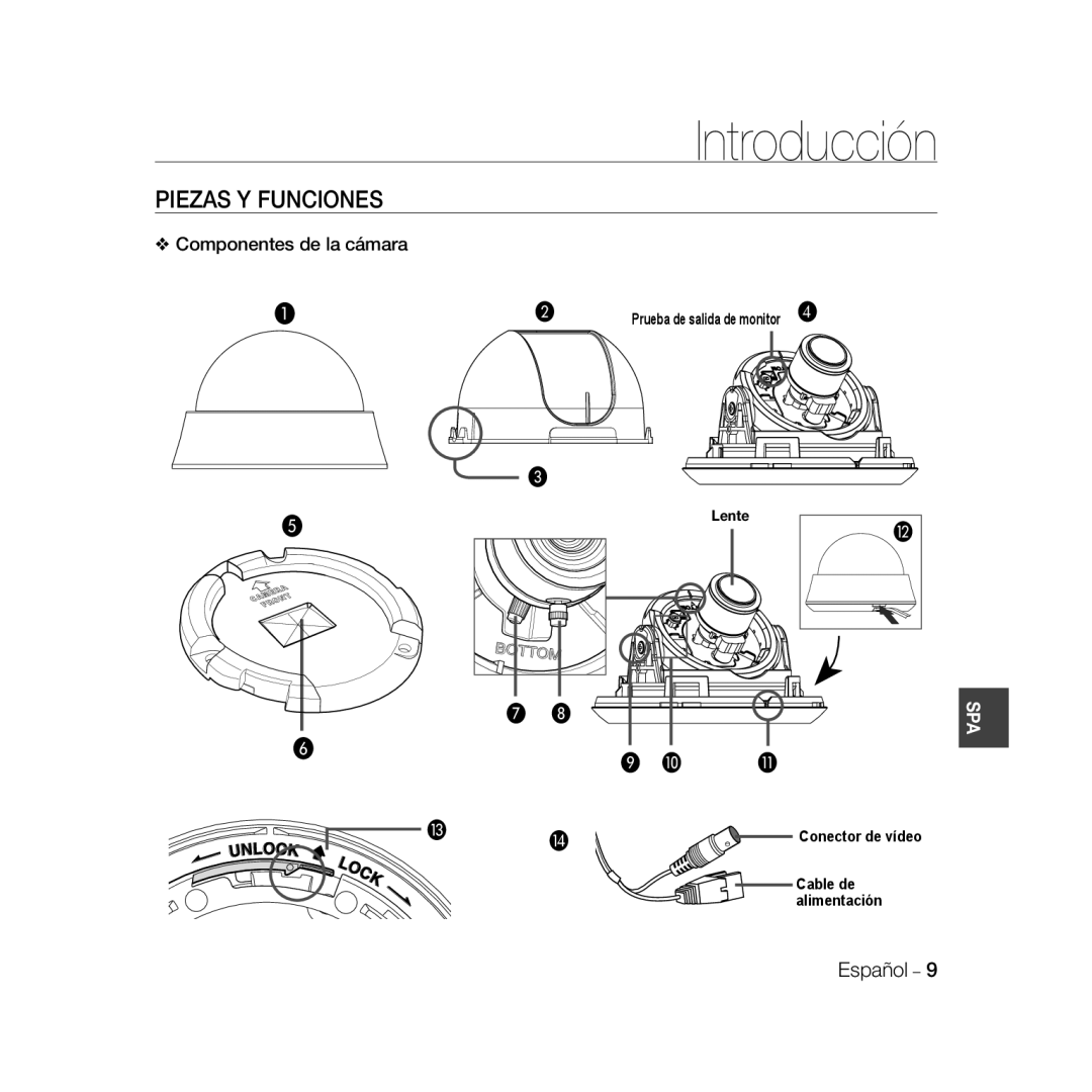 Samsung SCC-B5366BP, SCC-B5368BP, SCC-B5368P, SCC-B5366P manual Piezas Y Funciones, Componentes de la cámara 