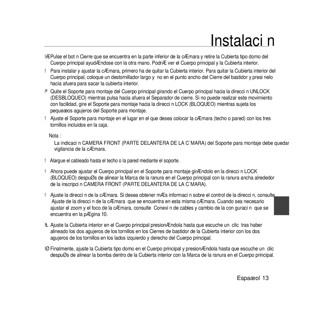 Samsung SCC-B5366BP, SCC-B5368BP, SCC-B5368P, SCC-B5366P manual Instalación 