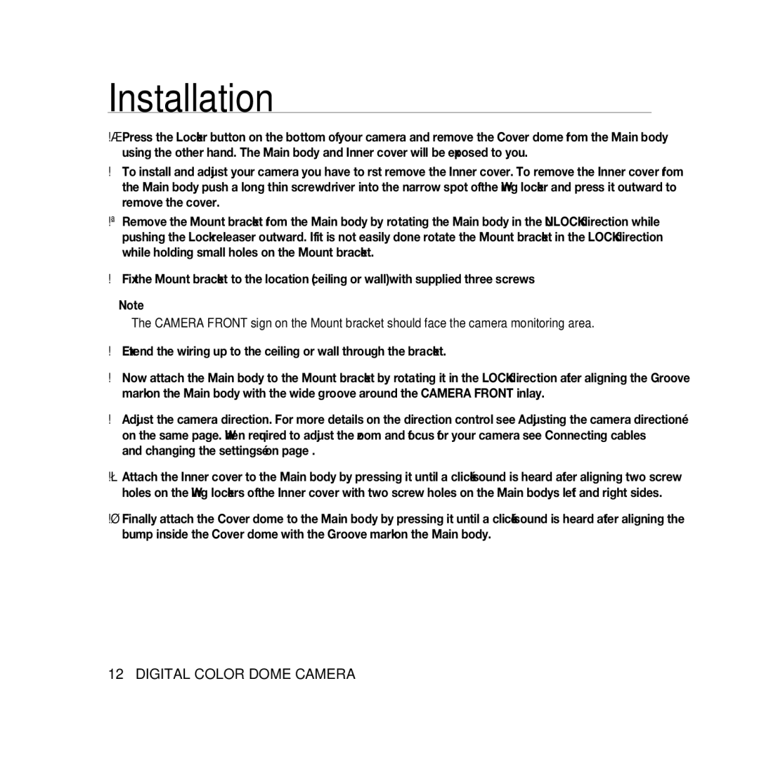 Samsung SCC-B5368BP, SCC-B5368P, SCC-B5366P, SCC-B5366BP manual Installation 