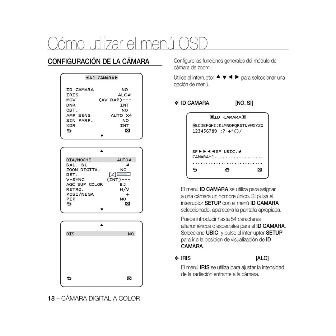 Samsung SCC-B5368BP, SCC-B5368P Configuración DE LA Cámara, ID Camara Iris ALC MOV, AGC SUP Color Retro POSI/NEGA PIP DIS 