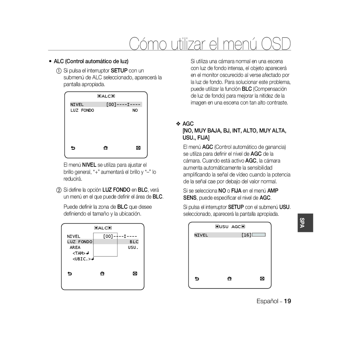 Samsung SCC-B5368P manual AGC NO, MUY BAJA, BJ, INT, ALTO, MUY ALTA, USU., Fija, Nivel LUZ Fondo BLC Area, ‹Usu Agc‹ 