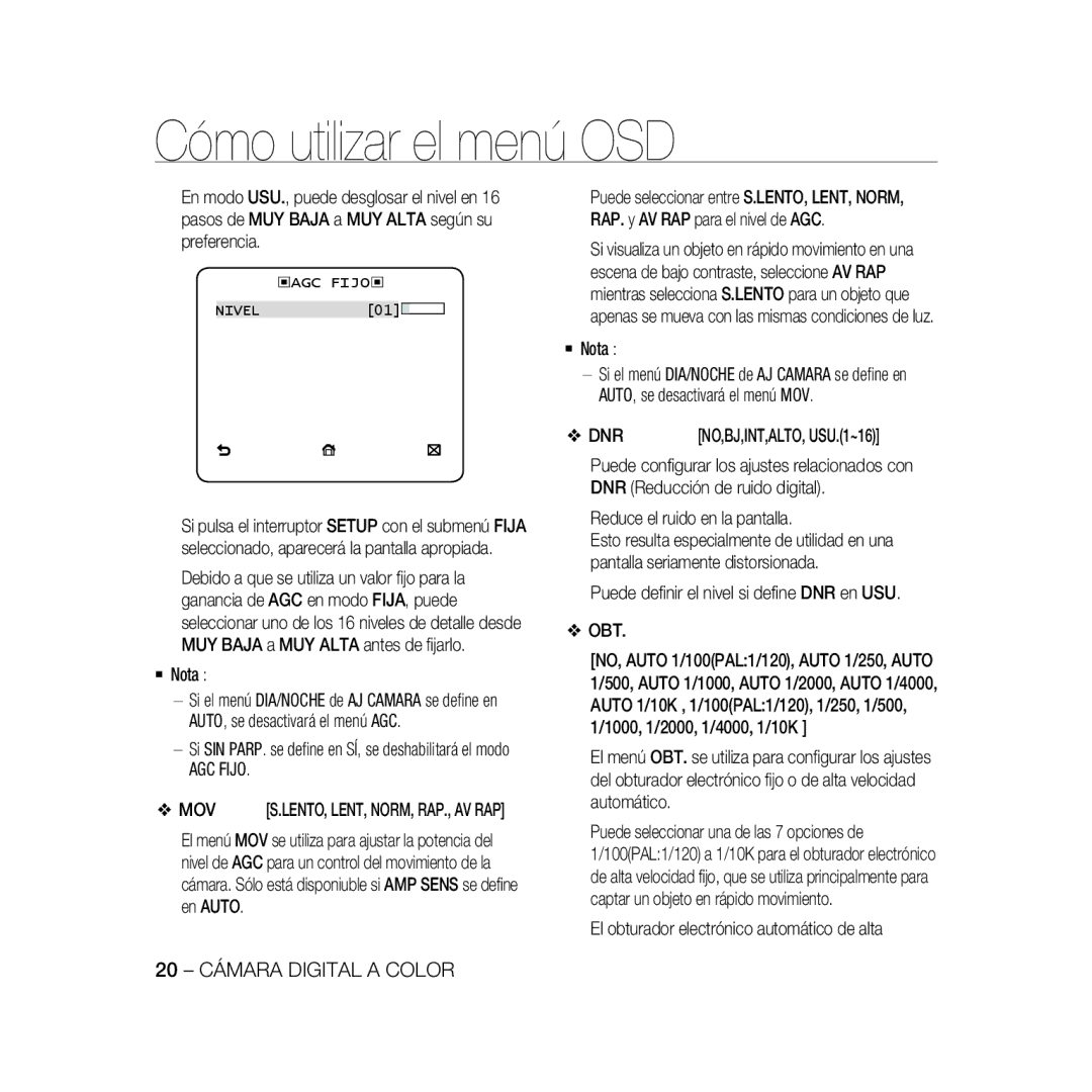 Samsung SCC-B5366P, SCC-B5368BP, SCC-B5368P manual AGC Fijo, Mov, El obturador electrónico automático de alta, ‹Agc Fijo‹ 