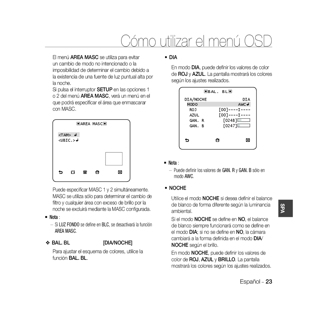 Samsung SCC-B5368P, SCC-B5368BP, SCC-B5366P manual Bal. Bl, ‹Area Masc‹, DIA/NOCHE Modo AWC ROJ Azul GAN. R, Gan. B 