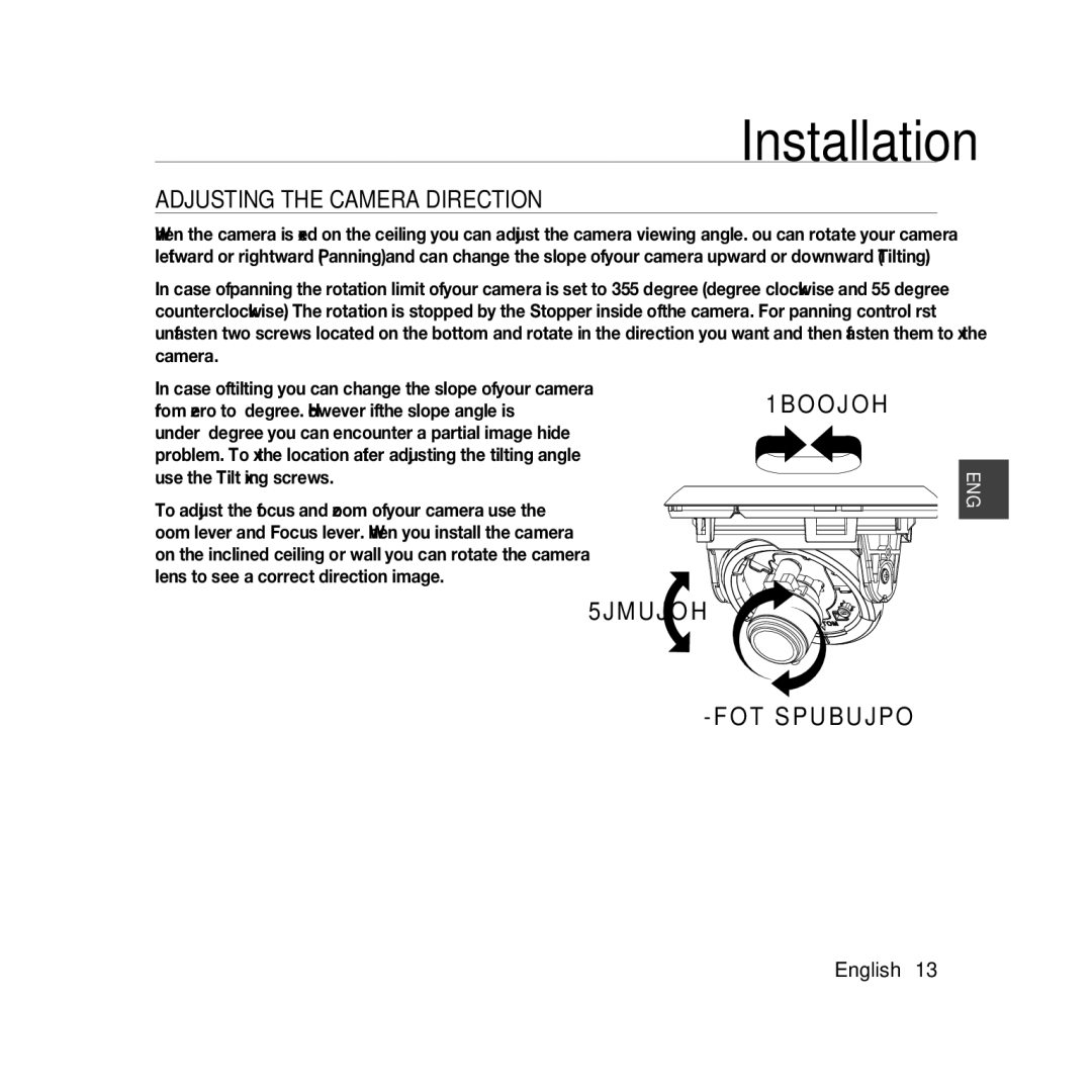 Samsung SCC-B5368P, SCC-B5368BP, SCC-B5366P, SCC-B5366BP manual Adjusting the Camera Direction 