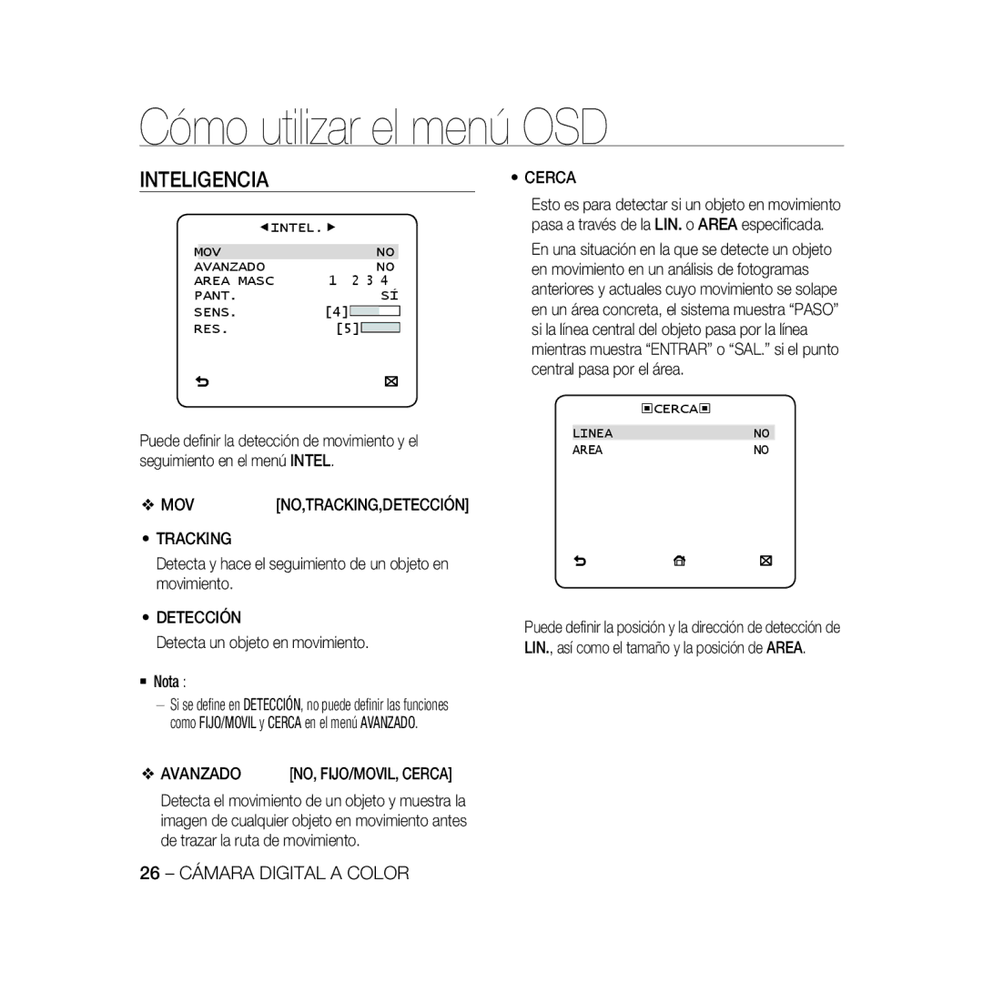 Samsung SCC-B5368BP, SCC-B5368P, SCC-B5366P, SCC-B5366BP manual Inteligencia, Detección, Avanzado, Cerca 