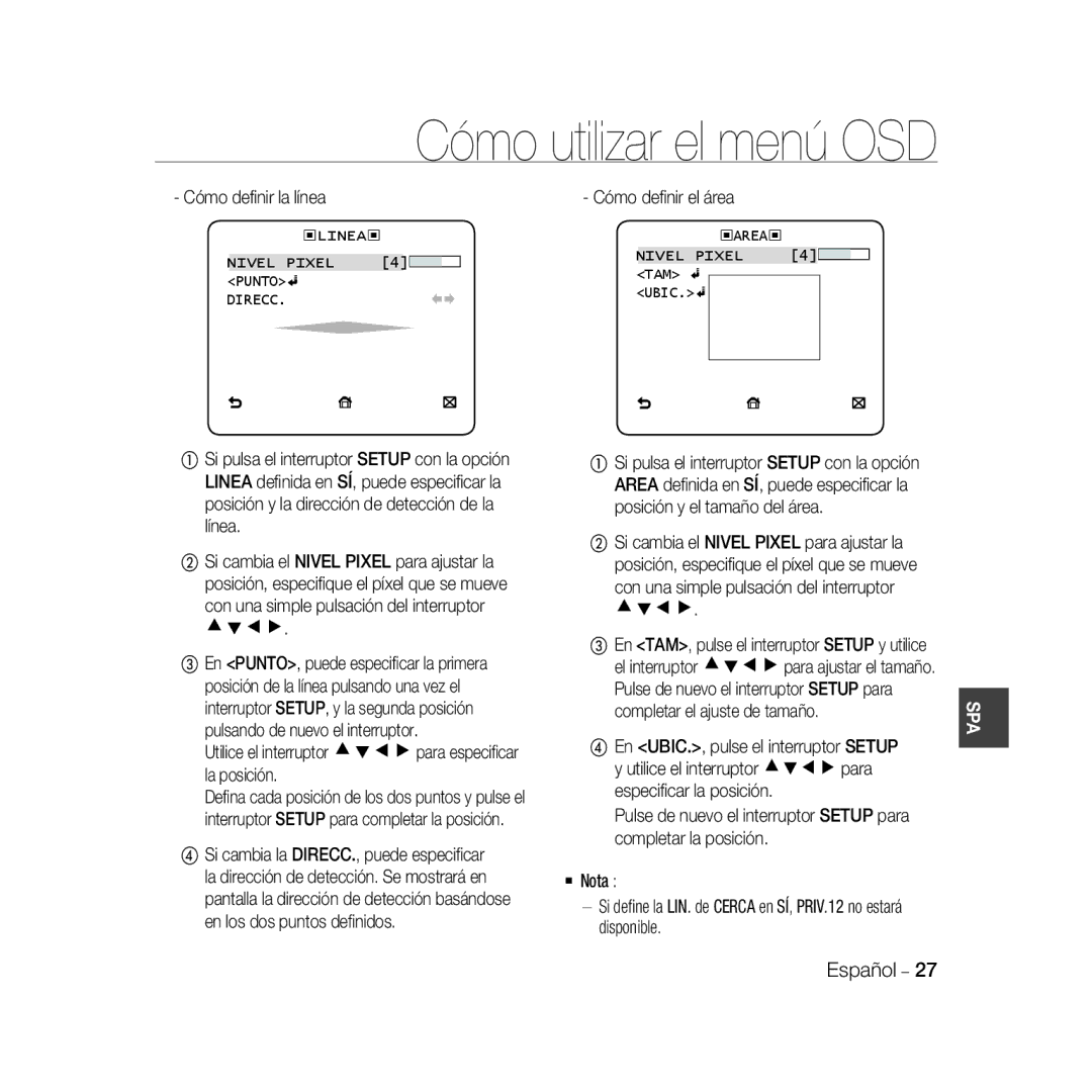 Samsung SCC-B5368P, SCC-B5368BP, SCC-B5366P Cómo deﬁnir la línea, Cómo deﬁnir el área, ‹LINEA‹ Nivel Pixel Punto Direcc 