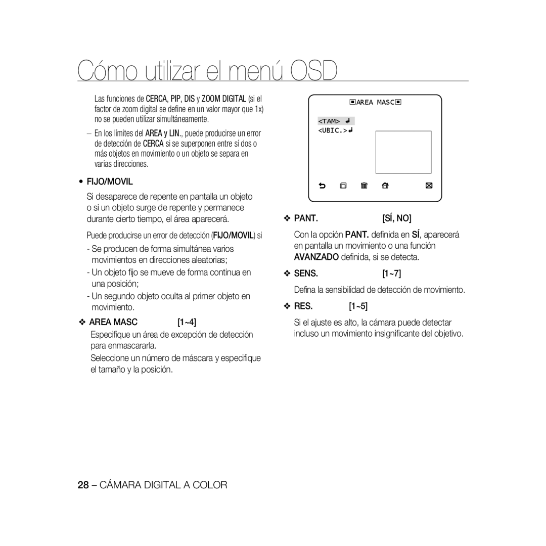 Samsung SCC-B5366P, SCC-B5368BP, SCC-B5368P Fijo/Movil, Pant, Sens, Deﬁna la sensibilidad de detección de movimiento RES 