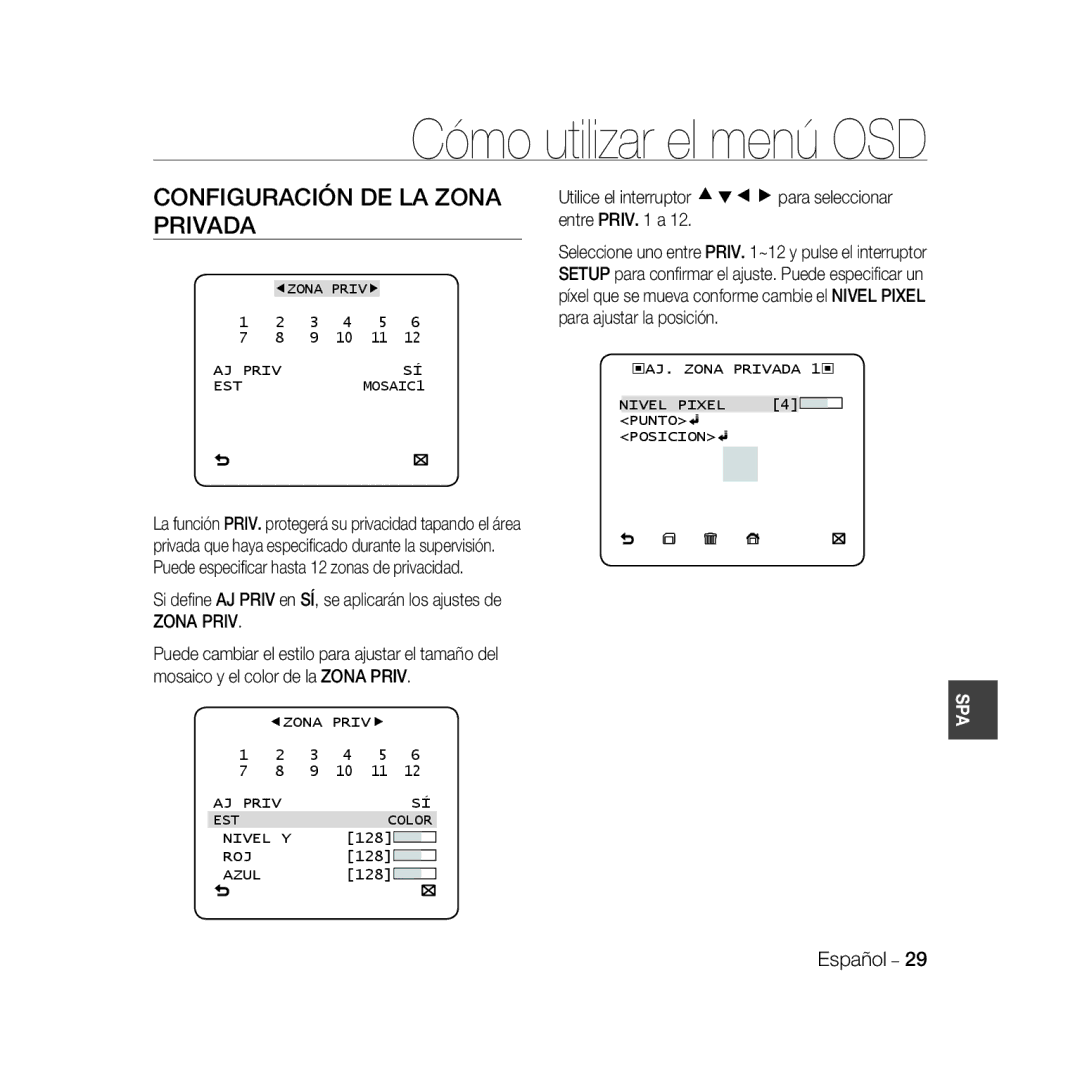 Samsung SCC-B5366BP, SCC-B5368BP Configuración DE LA Zona Privada, Si deﬁne AJ Priv en SÍ, se aplicarán los ajustes de 