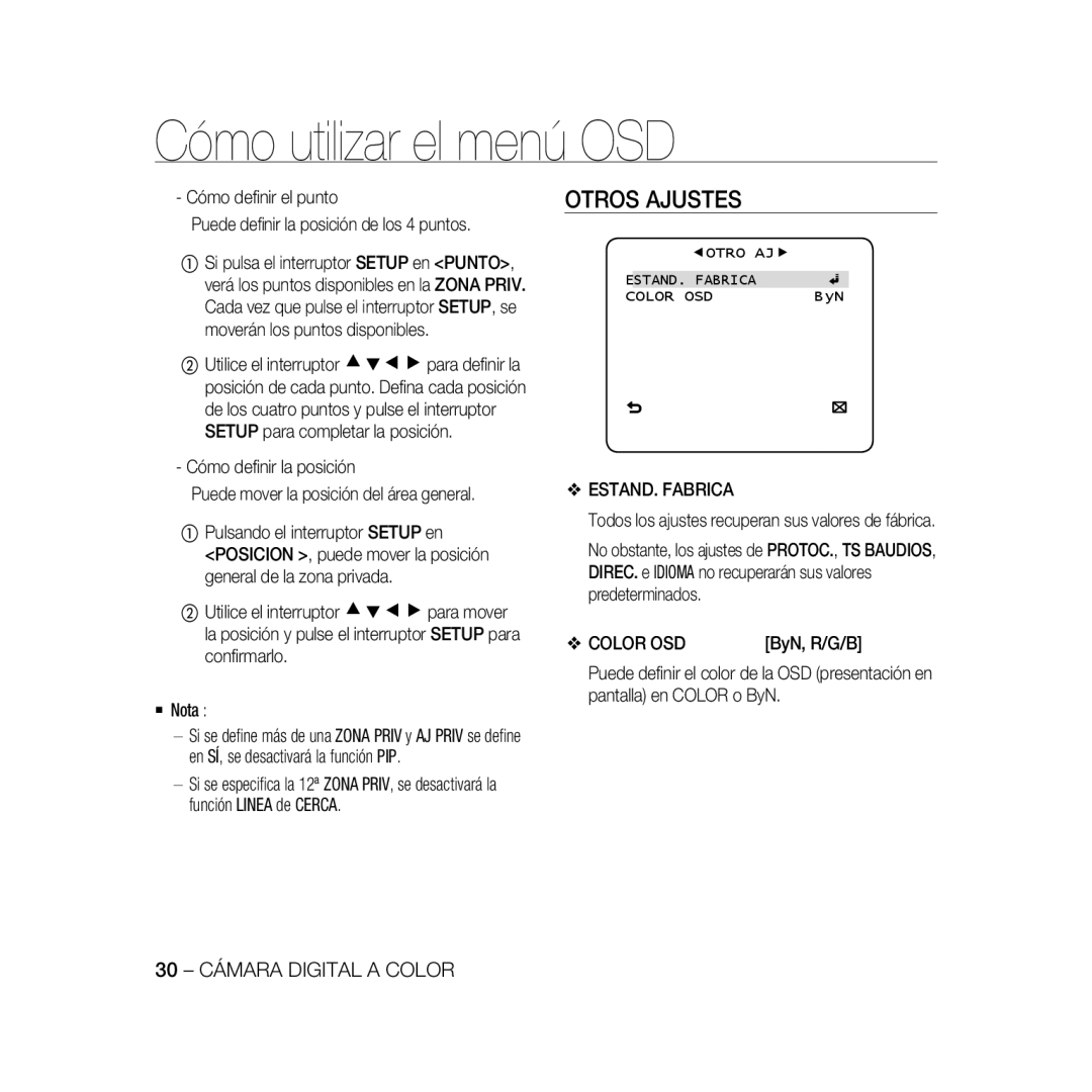 Samsung SCC-B5368BP, SCC-B5368P, SCC-B5366P, SCC-B5366BP manual Otros Ajustes, ByN, R/G/B, ESTAND. Fabrica Color OSD 