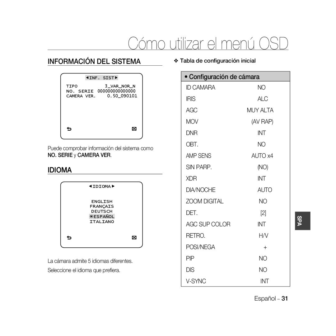 Samsung SCC-B5368P, SCC-B5368BP, SCC-B5366P manual Información DEL Sistema, Idioma, Tabla de conﬁguración inicial, MUY Alta 